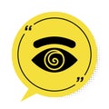 Black Hypnosis icon isolated on white background. Human eye with spiral hypnotic iris. Yellow speech bubble symbol