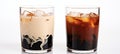 Black iced coffee and creamy latte with milk in tall glass, isolated on white background Royalty Free Stock Photo