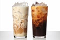 Black iced coffee and iced latte coffee with milk set in tall glass isolated on white background