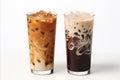 Black iced coffee and iced latte with milk set in tall glass isolated on white background