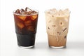 Black iced coffee and iced latte coffee with milk in tall glass isolated on white background