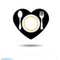 Black icon of Cutlery in the shape of a heart. Fork, plate and spoon silhouettes. Vector illustration. Soliciting new clients for