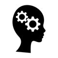 Black icon of head of man and cogwheel. Silhouette of head and gear wheel. Vector Flat design