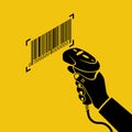 Black icon operator holds a barcode scanner hand Royalty Free Stock Photo