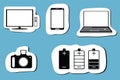 Black icon set of mobile devices, computer, camera, battery and tv. Vector illustration