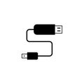 Black icon of sign usb and micro usb, two connected wires with current. Vector illustration eps 10