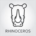 Black icon style line art, head wild animal rhino, rhinoceros.