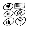 Black icons hashtag, like, mail, text symbol set. Social media and web communicate sign. Flat vector illustration. Royalty Free Stock Photo