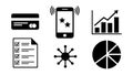 Black icons mobile phone with notifications credit card checklist pie chart bar graph and network connection symbols set Royalty Free Stock Photo