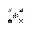 Black icons of rocket ship briefcase bar graph and molecular structures on white launch speed Royalty Free Stock Photo