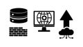 Black icons of server database firewall computer network globe and cloud upload arrow technology symbols vector Royalty Free Stock Photo