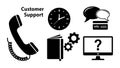 Black icons set of communication customer support with telephone clock speech bubbles info and question mark computer screen Royalty Free Stock Photo
