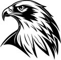 This is a black  illustration of a wild eagle head, a powerful bird symbol with a sharp beak and eye,. Royalty Free Stock Photo