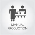 Black image of manual production concept. Simple icon of people working on conveyor at factory. Pictograph in flat style