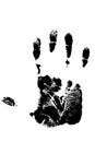 Black imprint right palm person hand on white background