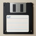 A black 3.5-inch floppy disk with a metallic shutter at the top. Attached is a white label Royalty Free Stock Photo