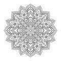 Black indian mandala on white background. Decorative flower drawing for meditation coloring book. Ethnic floral design