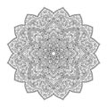 Black indian mandala on white background. Decorative flower drawing for meditation coloring book. Ethnic floral design