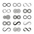 Black infinity symbols. Line infinite symbol, eternity swirl sign. Isolated mobius loop icons, line endless elements for