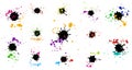 Black ink blots with colored drops, set. Vector illustration
