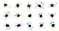 Black ink blots with colored drops, set. Vector illustration