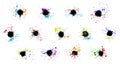 Black ink blots with colored drops, set. Vector illustration