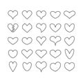 Black ink cute line and isolated different beautiful heart shapes icons set on white