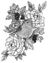 Black Ink Detailed Tattoo Bird in Floral Composition