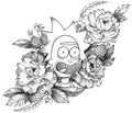 Black Ink Detailed Tattoo Funny Rick in Floral Composition