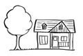 Black Ink Grunge Hand Drawing of Romantic Single-family House and Tree Royalty Free Stock Photo