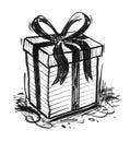 Black Ink Grunge Hand Drawing of Wrapped Christmas Gift Box