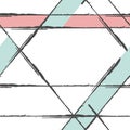 Black ink grunge line vector seamless pattern background. Brush stroke style linear criss cross backdrop. Blue, pink
