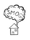 Black Ink Hand Drawing of Smoke Coming from House Chimney, Smog Air Pollution Concept