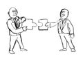 Black Ink Hand Drawing of Two Businessmen Holding Matching Puzzle Pieces.