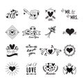 Black ink silhouette love and heart cute Valentine assorted icons design elements set on white