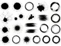 Black ink splatter and circle elements isolated on white background Royalty Free Stock Photo