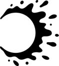 Black ink splattering on white background, forming dynamic circular shape for design. Modern, artistic, minimalist