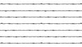 Black ink thin outline barbed wire isolated on white. Monochrome seamless linear pattern. Simple flat vector graphic with hand- Royalty Free Stock Photo