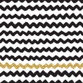 Black ink, white and gold glitter vector seamless zigzag pattern
