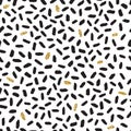 Black ink, white, gold vector seamless short strokes pattern. Royalty Free Stock Photo