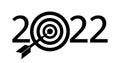 Black inscription 2022 in the form of numbers and darts instruments on a white background. The concept of setting goals