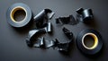 Black insulating tape rolls and torn pieces on dark background