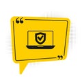 Black Insurance online icon isolated on white background. Security, safety, protection, protect concept. Yellow speech