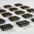 Black integrated circuits with multiple pins are laid out in a grid pattern on a light Royalty Free Stock Photo