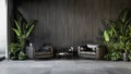 Black interior with armchairs, plants and coffee table. Royalty Free Stock Photo
