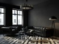 Black interior with chester sofa and armchair, carpet, coffee table and decor.