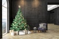 Black interior with christmas tree, armchair, gifts, pillow, wall panels.