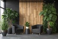 Black interior with wood panel and plants Royalty Free Stock Photo