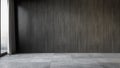 Black interior with wood wall panel and gray tile stone floor.