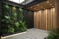 Black interior with wooden panel and plants Royalty Free Stock Photo